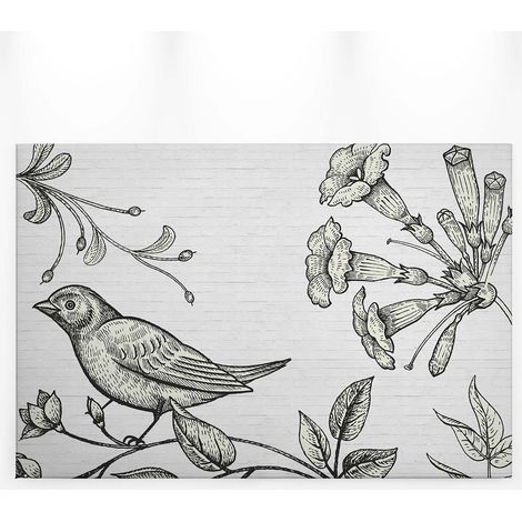 Tableau dessin oiseau & fleurs sur fond mur en pierre | Tableau cuisine noir & blanc moderne | Tableau sur toile idéal couloir - 0,9 x 0,6 m (1/5)