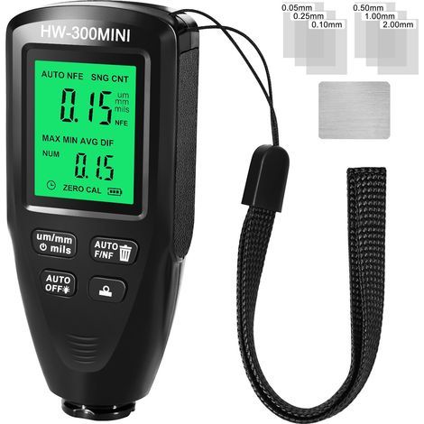 Paint thickness gauge, used to control the thickness of paint on metal surfaces, black. (1/5)
