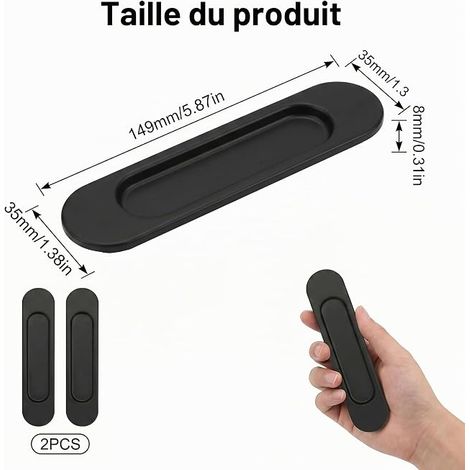 Poignée porte coulissante, Poignée intérieure et extérieure Pièces (Noir), Poignée de baie vitrée coulissante, Sans perçage pour placards, armoires et portes-fenêtres (1/4)