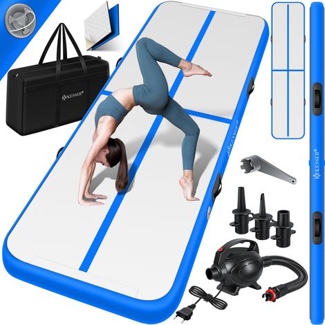 KESSER® Tappeto da ginnastica gonfiabile airtrack fitness mat 3/4/5/6m  incl. borsa per il trasporto e pompa d'aria elettrica  tappetino yoga  tappetino tumbling  blu / 400 x 100 x 10 cm