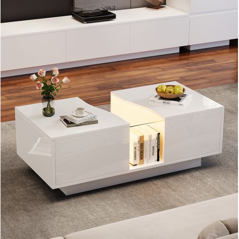 Table basse LED 100x50x35 cm blanche en MDF avec rangement et plateau acrylique (1/5)