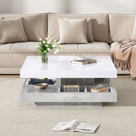 Table basse double fonctionnelle avec plateau brillant, plateau pivotant à 360°, double plateau pivotant avec compartiment de rangement, plateau de salon blanc, panneau de particules couleur marbre (1/5)