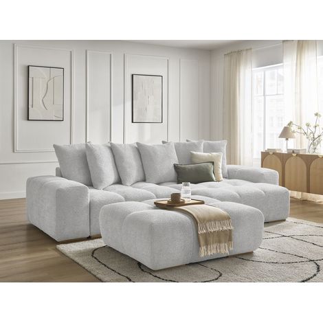 BOBOCHIC - Canapé d'angle convertible réversible coffre ANAKIN tissu bouclette avec pouf Réversible Gris clair (1/5)