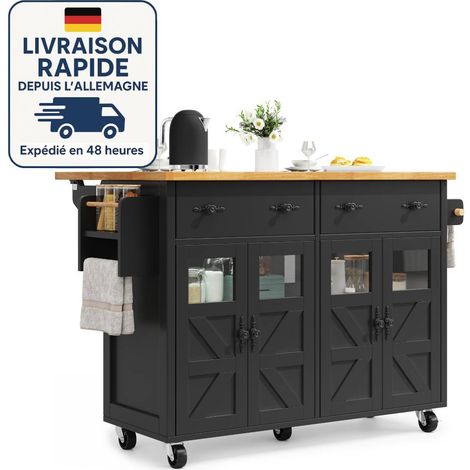 Desserte de cuisine avec 5 roulettes - Plateau de table réglable avec étagères en bois et supports latéraux - Bois Certifié PEFC - Noir (1/5)
