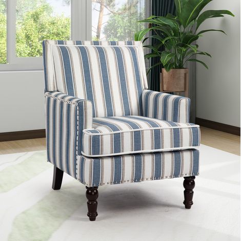 Fauteuil d'appoint bleu et blanc en coton lin avec motif rayé, mousse haute densité et structure en bois massif
