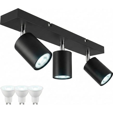 Plafonnier LED 3 Spots Noir Design avec 3 Ampoules GU10 6000K Blanc Froid - Luminaire Base Rectangulaire Orientable - Spot Plafond Prêt à l'Emploi pour Bureau, Atelier et Vitrine (1/5)