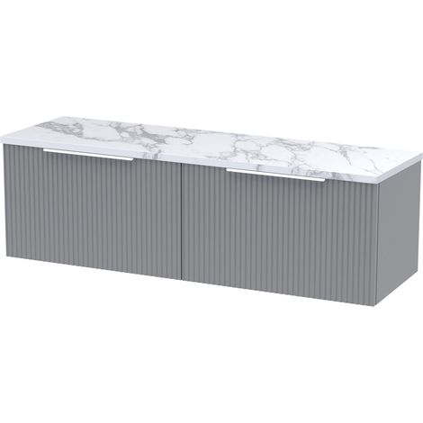 Tixall Fluted 2 Drawer Wall Hung Vanity Unit with Laminate Worktop, Satin Grey, 1200mm (1/4)