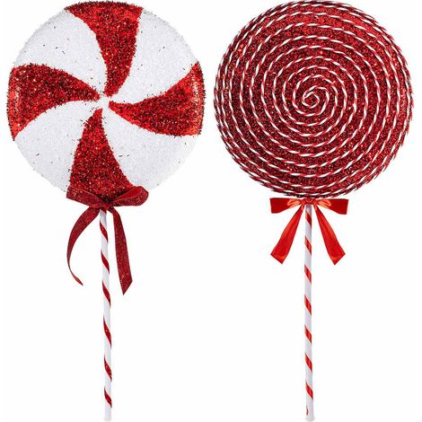 Decorazioni natalizie a caramella / stick candy / lollipop con fiocco in velluto, set da 2 pezzi, cm 25 x 5 x 52 H