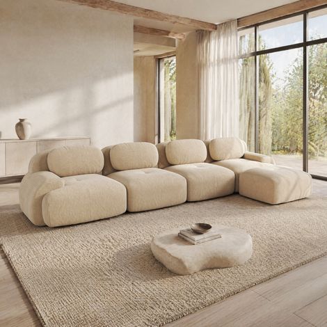 Sofá de esquina modular de 4 plazas con chaise longue, sin montaje, beige HAVRYA (1/5)