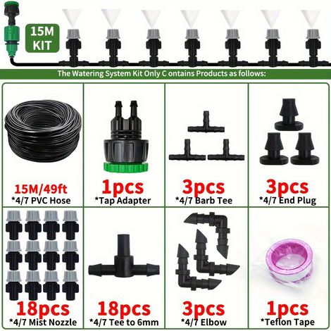 Kit d'aspersion automatique de 15 mètres avec atomisation (raccord en T 4/7 mm) — Irrigation horticole (1/5)