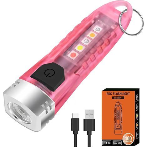 Mini lampe de poche 400 lumens, porte-clés LED rechargeable, avec lumière latérale, 12 modes avec lumière latérale UV, rouge, bleu, jaune, IPX6 (1 paquet de poudre transparente) (1/5)