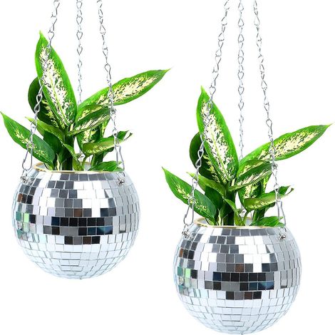 Confezione da 2 portavasi a forma di palla da discoteca da appendere, con ganci e supporti in legno (1/5)