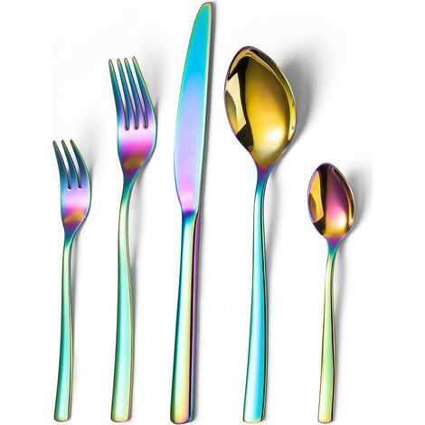 Lot de 30 couverts colorés en acier inoxydable pour 6 personnes avec couteau, fourchette, cuillère, polissage miroir, set de coutellerie, couverts de table pour maison, fête, restaurant (1/5)