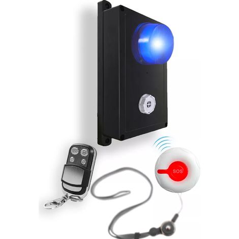 Alarme panique SOS sans fil 300m magasin/bureaux/entreprise noire - flash bleu & sirène multi tonalités (gamme KP) (1/5)