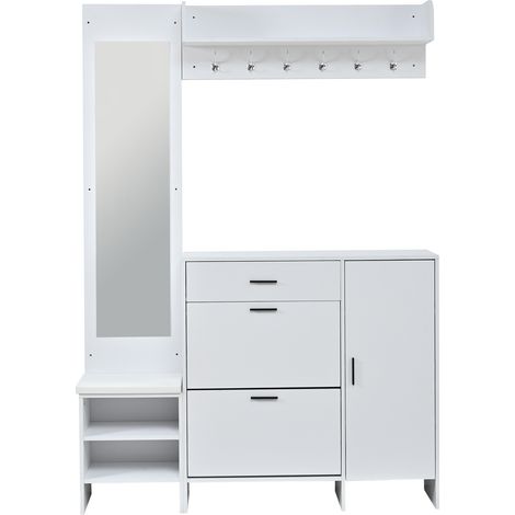 Porte-manteau multifonctionnel blanc avec meuble à chaussures, miroir intégré et siège pour changer de chaussures, 140x30x200 cm (1/5)