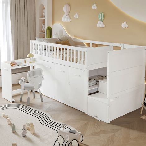 Letto a castello per bambini 90x200 cm con scrivania, armadio e contenitori, bianco HAVRYA (1/5)