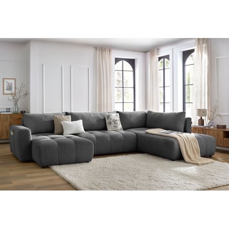 Bobochic – Canapé panoramique convertible coffre ARSENE 5 places – Tissu chiné – Longueur 370cm – Largeur 200cm – Style moderne (1/5)