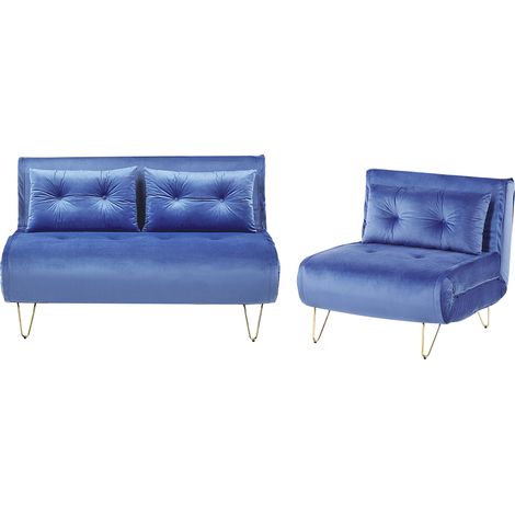 Conjunto de sala de estar 3 plazas de terciopelo azul marino dorado cojines Vestfold (1/5)