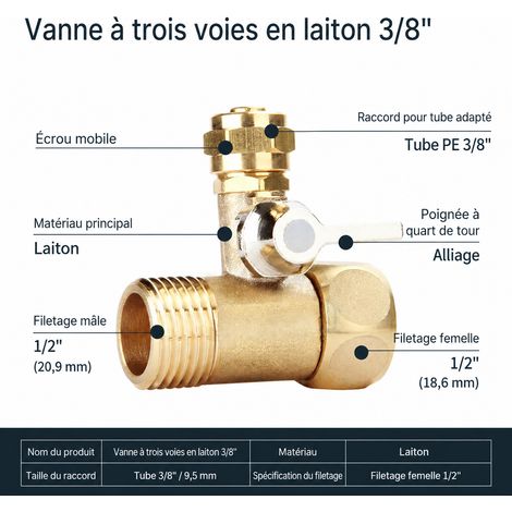 Vanne trois voies monobloc 3/8" à écrou en cuivre brut pour purificateur d'eau 3 réf 2489 2 × 4 × 2 cm 115 g – Livraison gratuite