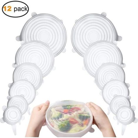 Lot 12 Couvercles Silicone Extensibles (Différentes Tailles), Sains et Extensibles, Pour Conserver Nourriture Fraiche (1/4)