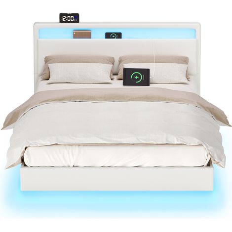 Lit Double, Cadre de Lit, 140 x 190 cm, Lit Flottant, Lit avec Éclairage LED, Tête de Lit Haute, Multiprise, Style Moderne, Blanc Nuage