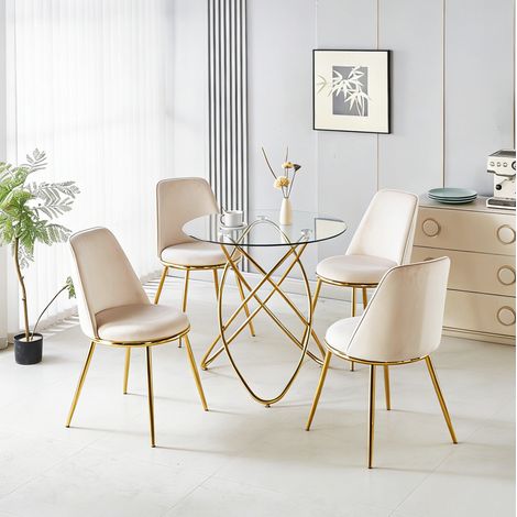 Set da pranzo 5 pezzi, tavolo rotondo in vetro 80 cm, sedie in velluto crema (1/5)