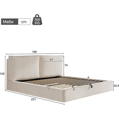 Lit double 180x200cm, sommier intégré, tête de lit rembourrée en velours beige, mécanisme hydraulique de rangement, literie fonctionnelle avec coffre. (1/5)