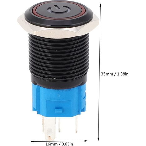 Vente de 2 unités ensemble : Interrupteur à bouton-poussoir autobloquant IP65 en métal anodisé noir avec bande lumineuse, symbole, ouverture de 16 mm, rouge, 220 V CA. (1/5)