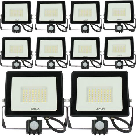 Lot de 10 Projecteurs LED 50W Noir détecteur de mouvement IP44  Température de Couleur: Blanc neutre 4000K
