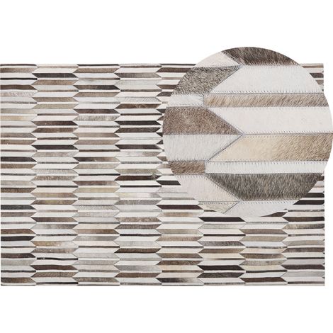 Alfombra de piel de vacuno patchwork beige y marrón rectangular 140 x 200 cm retro Kulalar (1/5)