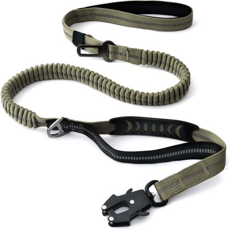 1 - Laisse Tactique - Mousqueton Dégagement Rapide - Nylon Réfléchissant - Double Poignée Pour Dressage Et Sécurité Routière - Vert Militaire Et Noir - 150cm (1/5)
