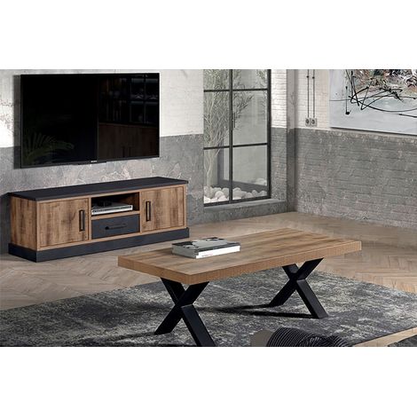 JENNA - Ensemble Table Basse + Meuble TV Aspect Bois et Métal (1/4)