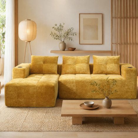 Divano angolare a L 255 cm giallo con 3 cuscini, braccioli con portabicchieri, REDOM (1/5)
