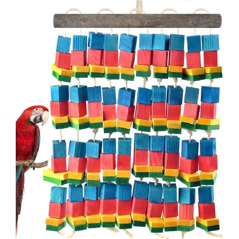 Jouet pour perroquet de grande taille (45 cm) – Boules multicolores en bois naturel, perles et rotin à mâcher et à déchirer (aras, perroquets gris du Gabon et plus encore)
