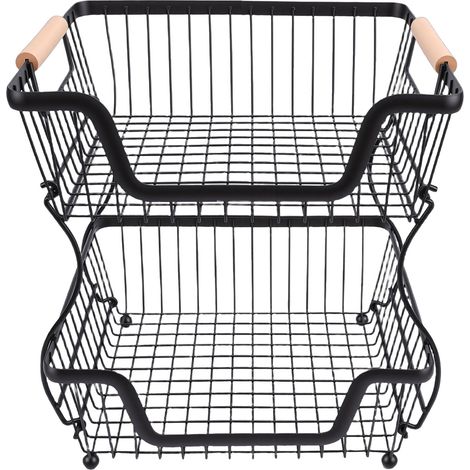 2-stöckiger Obstkorb für die Küchenarbeitsplatte, Brotkorb aus Metall mit Holzgriff, für Gemüse, Snacks, Eier, schwarz (1/5)