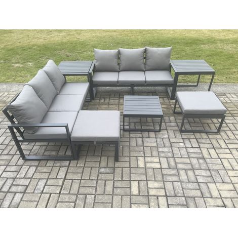 Fimous Aluminium 8 Seater Outdoor Garden Furniture Lounge Sofa Set with Square Coffee Table 2 Side Tables 2 Big Footstools Dark Grey (1/5)