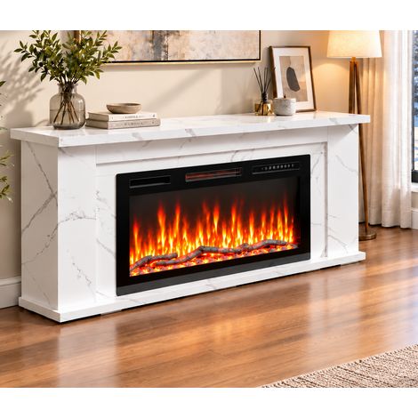 HOMAVO Camino elettrico 36" con mobile, 1000/2000W, controllo via app, fiamma 3D 12 colori, timer 1–8h, 152×27,5×66cm