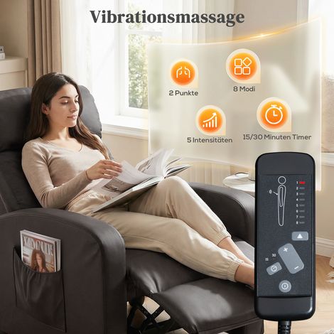 Fauteuil relax inclinable avec fonction massage vibrant, 2 zones de massage, commande à distance, dimensions 68x88x98 cm, couleur marron (1/4)