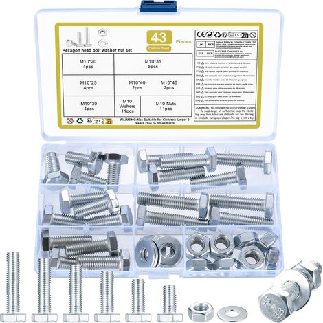 Lot de 43 vis M10 à tête hexagonale et écrous filetés - Assortiment de vis de machine avec rondelles et écrous (1/5)