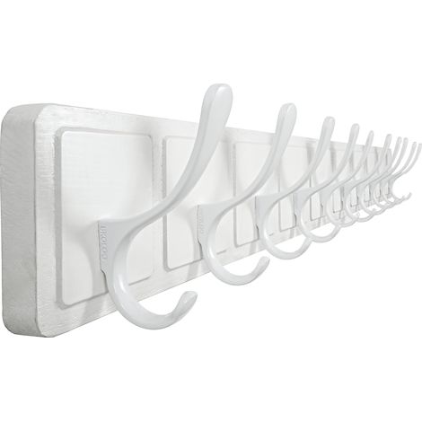 Porte-manteau mural en bois sculpté style scandinave avec 10 crochets pour suspendre vêtements, chapeaux, écharpes, blanc (1/5)