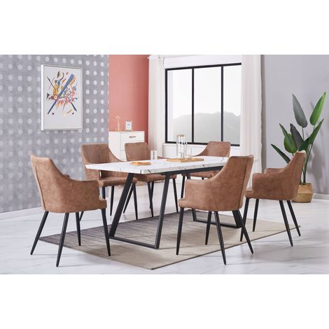 Juego de comedor Toga LUX Zarah: mesa de comedor extensible blanca y juego de 6 sillas de comedor de cuero beige - Comedor Cocina (1/5)