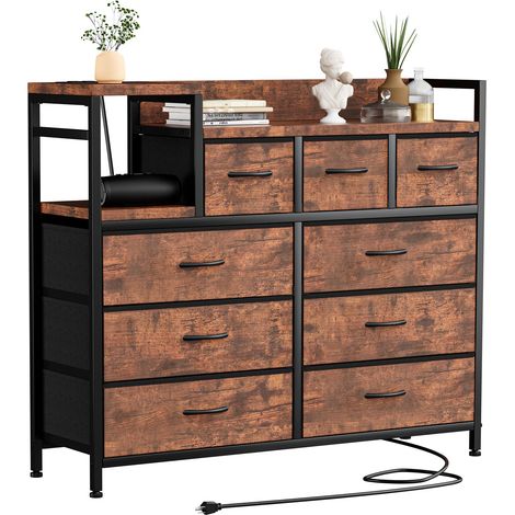 Espace généreux, étagère intégrée Commode d'entrée 9 tiroirs – Tissu & métal, station de charge, idéale chambre/salon/appartement, design moderne – Dimensions : 100x30x86cm – Couleur : Tabby (1/5)