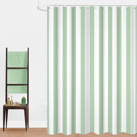 Rideau de Douche, 165x180cm, Vert Clair Minimalisme Moderne Rayures Verticales Art de Luxe Tissu Pmperméable Machine Lavable Rideau de Salle de Bain avec Crochets (1/5)