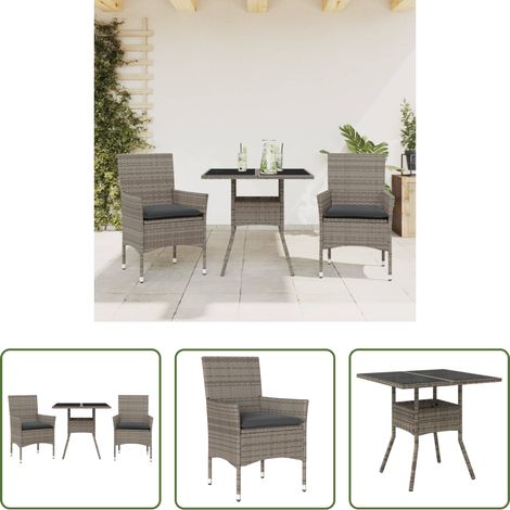 Gartenessgruppe - 3-tlg. Garten-Essgruppe mit Kissen Grau Poly Rattan und Glas (1/5)