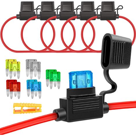 Lot de 5 mini porte-fusibles plats 32 V pour voiture, étanches avec fil 16 AWG, 10 mini fusibles plats et extracteur de fusible (1/5)