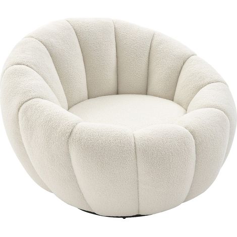 Vente-Unique – Fauteuil relax pivotant en tissu bouclette blanc – 1 place – Structure bois et métal – Garnissage mousse polyuréthane – Charge max 120kg