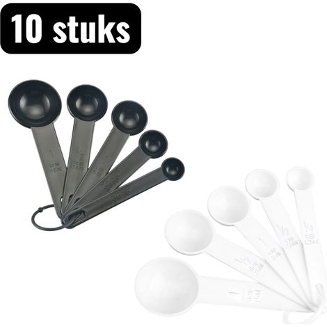 10 pièces - Tasses à mesurer - Cuillères à mesurer en plastique - Instruments de mesure pour la pâtisserie avec graduations - Accessoires de cuisine pour mesurer la farine et le sucre - Noir et blanc (1/5)