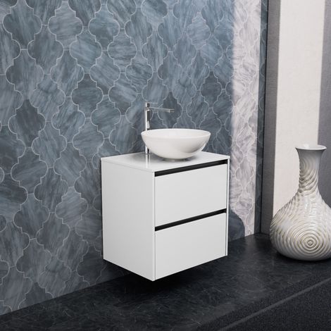 Inda - Badezimmerschrank 2 Schubladen B.60 mit Aufsatzwaschbecken / Hochglanzweiß - Smeraldo (1/5)