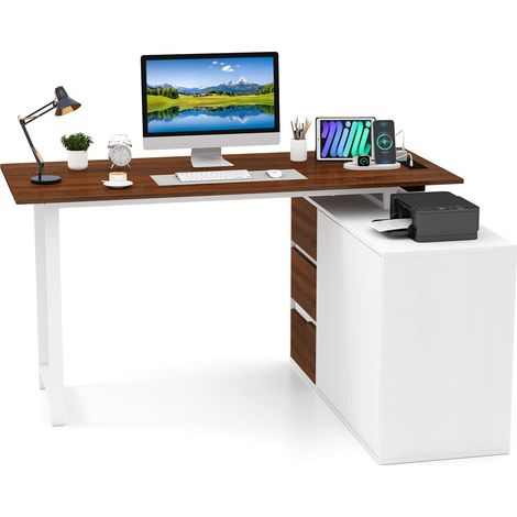 COSTWAY L-Shaped Desk 138 cm Reversible Corner Computer Desk-Brown