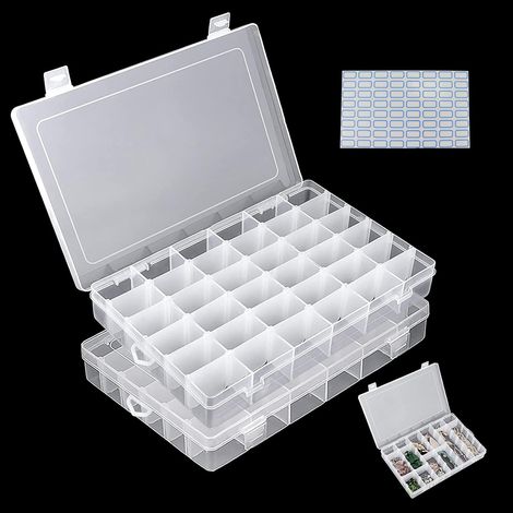 2 Pack 36 Compartments Adjustable Plastic Small Parts Storage Box with Label for Jewelry Beads Other Mini Goods (1/5)